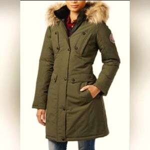 Madden Girl Winter Long Parka Puffer Coat Jacket with Faux Fur Hood Size SMALL S